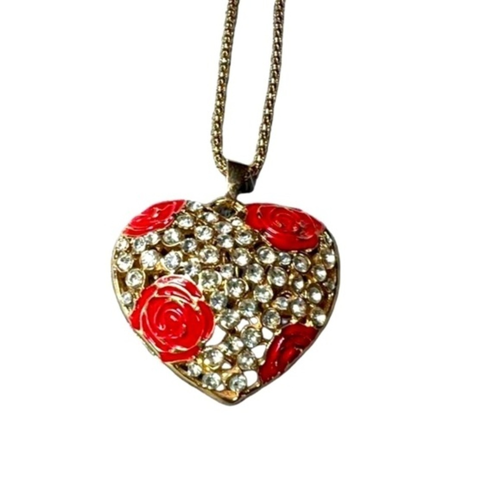 Betsey Johnson Rhinestone and Red Roses Heart Necklace